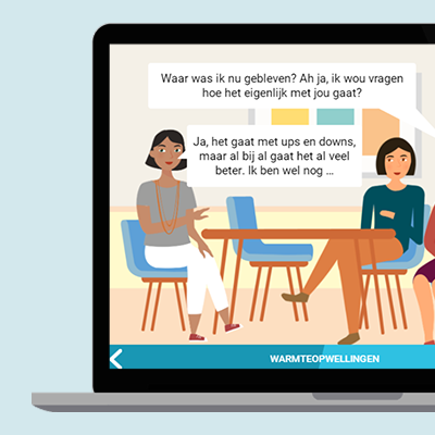 Visual example within a laptop screen of Co'moon, a support tool for women with breast cancer. Visual shows female friends at a restaurant talking.