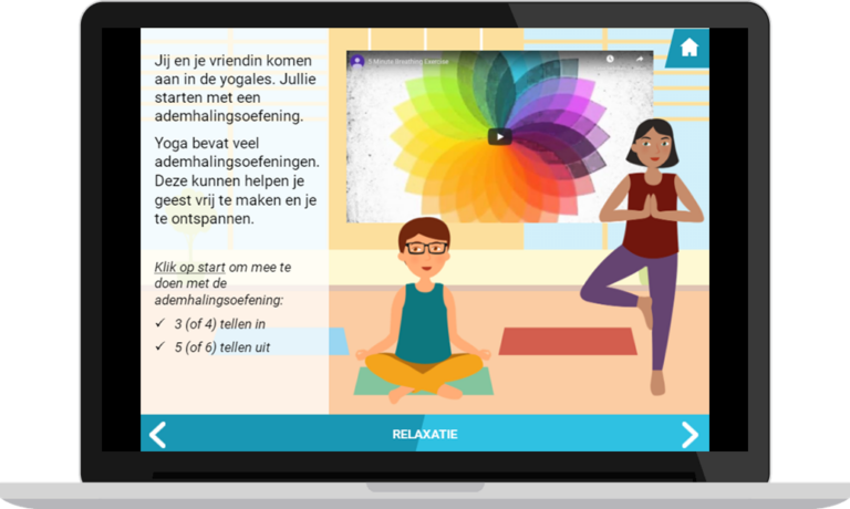 Visual of Co'moon, a support tool for women with breast cancer. Visual is showing 2 females doing yoga as part of a daily situation scenario about relaxation in the scenario section.